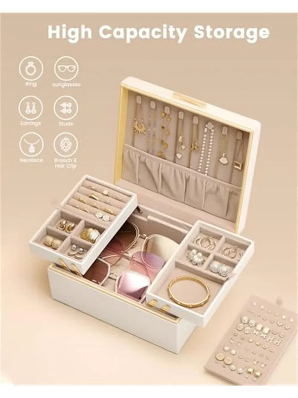 2 Layer Jewelry Box Organizer Necklace Earring Ring Bracelet Storage Cream